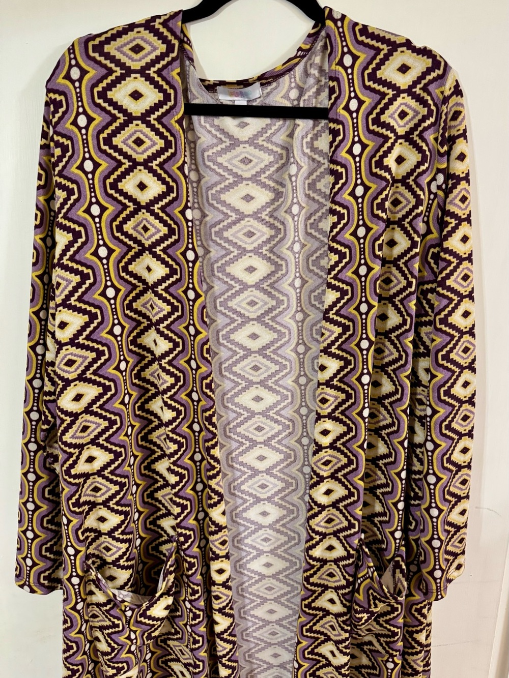 LuLaRoe Sarah XL Geometric Long Cardigan Duster Purple Pockets Boho